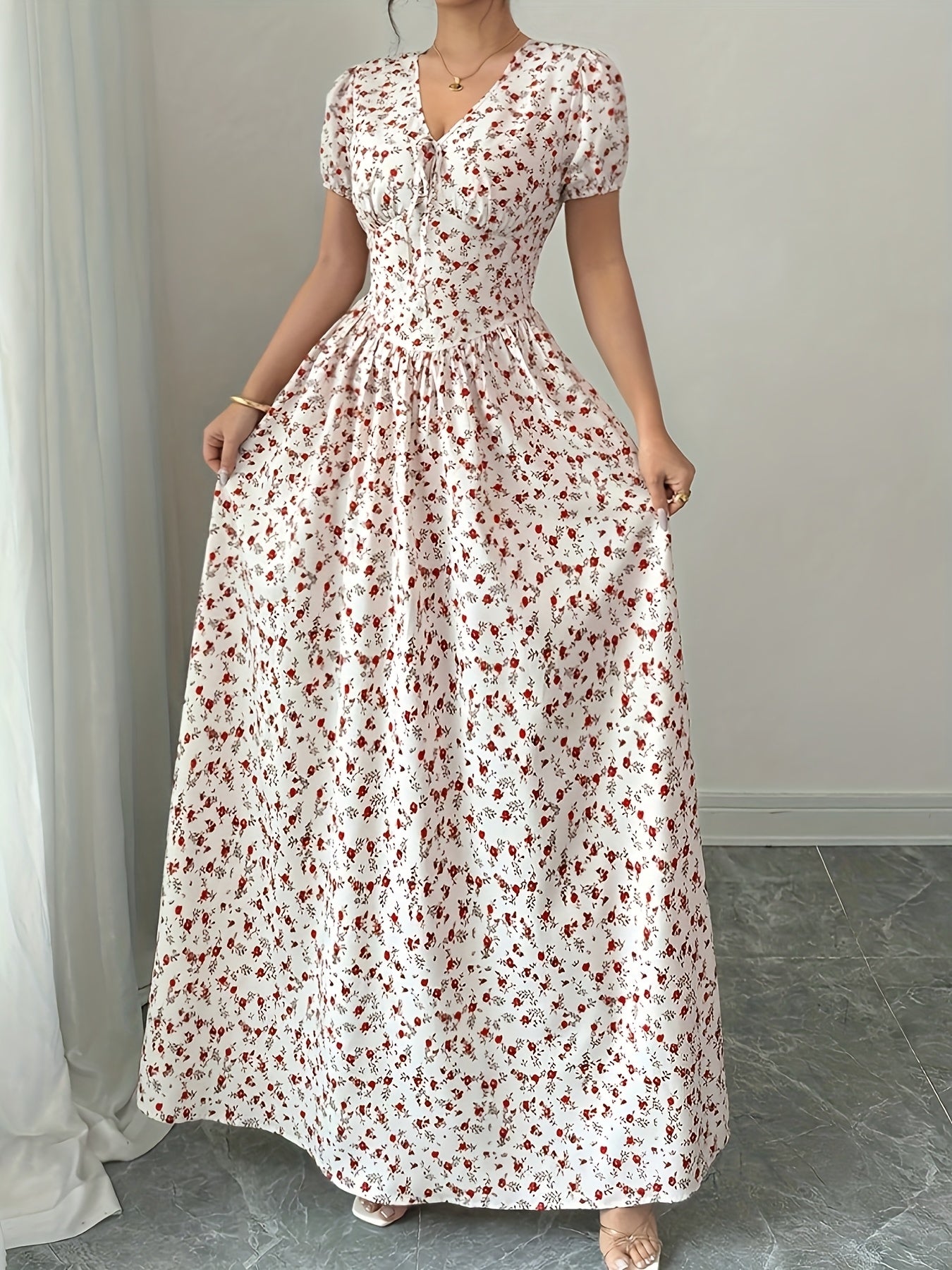 Elegant Floral Print V-Neck Maxi Dress for Women - Short Sleeve, Cinched Waist, Flowing A-Line Skirt, Lightweight Polyester, Perfect for Summer, Floral Dress