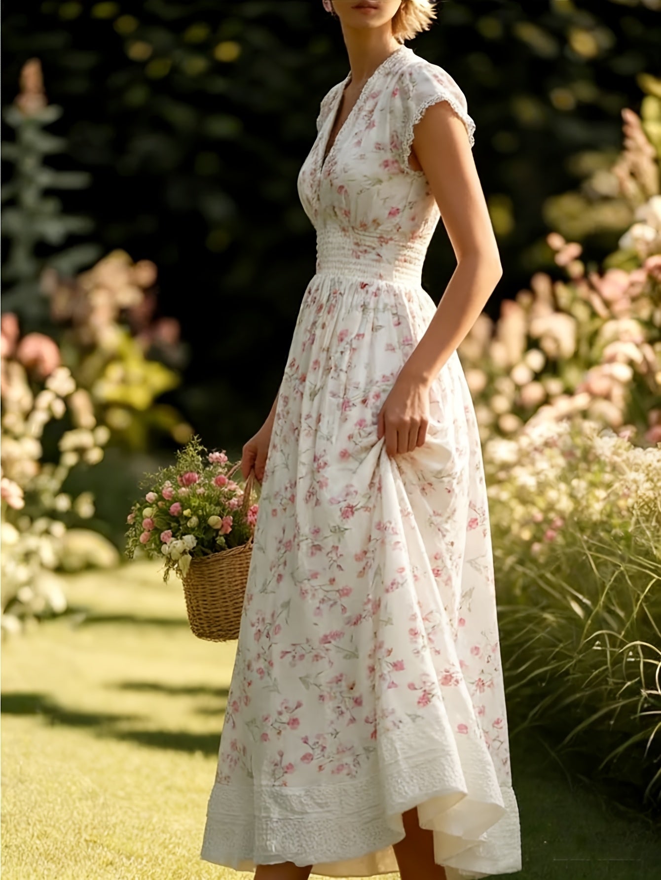White V-Neck Lace-Trimmed Waist-Defining Midi Dress with Pink Floral Print | Women's Style Elegant, Fresh, Rustic, and Delicate Perfect for Spring/Summer Outdoor Picnics & Casual Social Gatherings