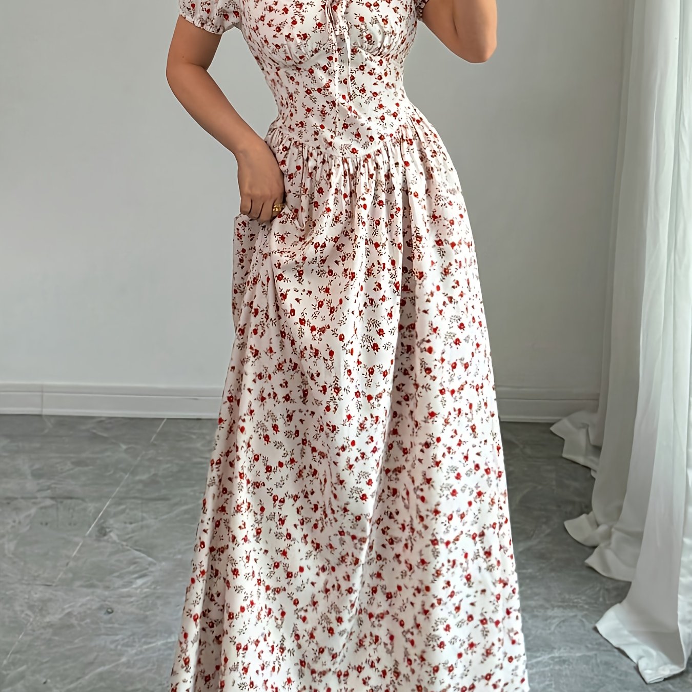 Elegant Floral Print V-Neck Maxi Dress for Women - Short Sleeve, Cinched Waist, Flowing A-Line Skirt, Lightweight Polyester, Perfect for Summer, Floral Dress