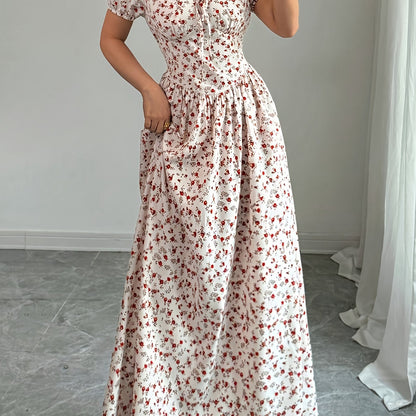 Elegant Floral Print V-Neck Maxi Dress for Women - Short Sleeve, Cinched Waist, Flowing A-Line Skirt, Lightweight Polyester, Perfect for Summer, Floral Dress