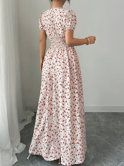 Elegant Floral Print V-Neck Maxi Dress for Women - Short Sleeve, Cinched Waist, Flowing A-Line Skirt, Lightweight Polyester, Perfect for Summer, Floral Dress
