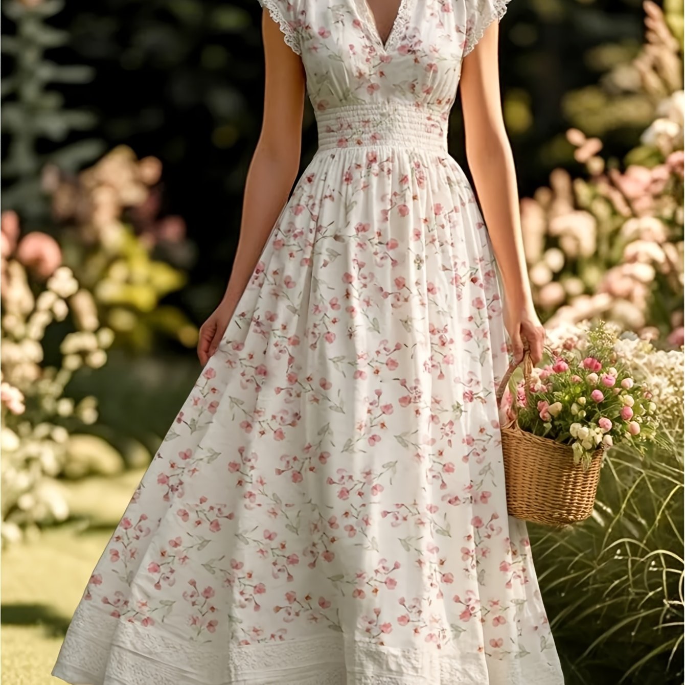 White V-Neck Lace-Trimmed Waist-Defining Midi Dress with Pink Floral Print | Women's Style Elegant, Fresh, Rustic, and Delicate Perfect for Spring/Summer Outdoor Picnics & Casual Social Gatherings