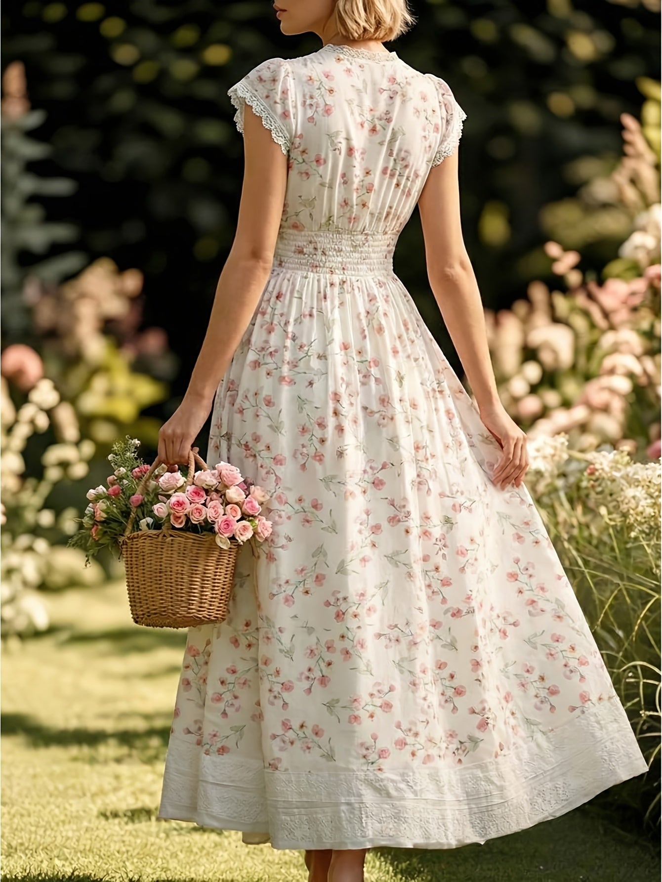 White V-Neck Lace-Trimmed Waist-Defining Midi Dress with Pink Floral Print | Women's Style Elegant, Fresh, Rustic, and Delicate Perfect for Spring/Summer Outdoor Picnics & Casual Social Gatherings
