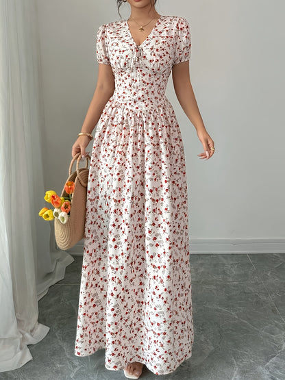 Elegant Floral Print V-Neck Maxi Dress for Women - Short Sleeve, Cinched Waist, Flowing A-Line Skirt, Lightweight Polyester, Perfect for Summer, Floral Dress