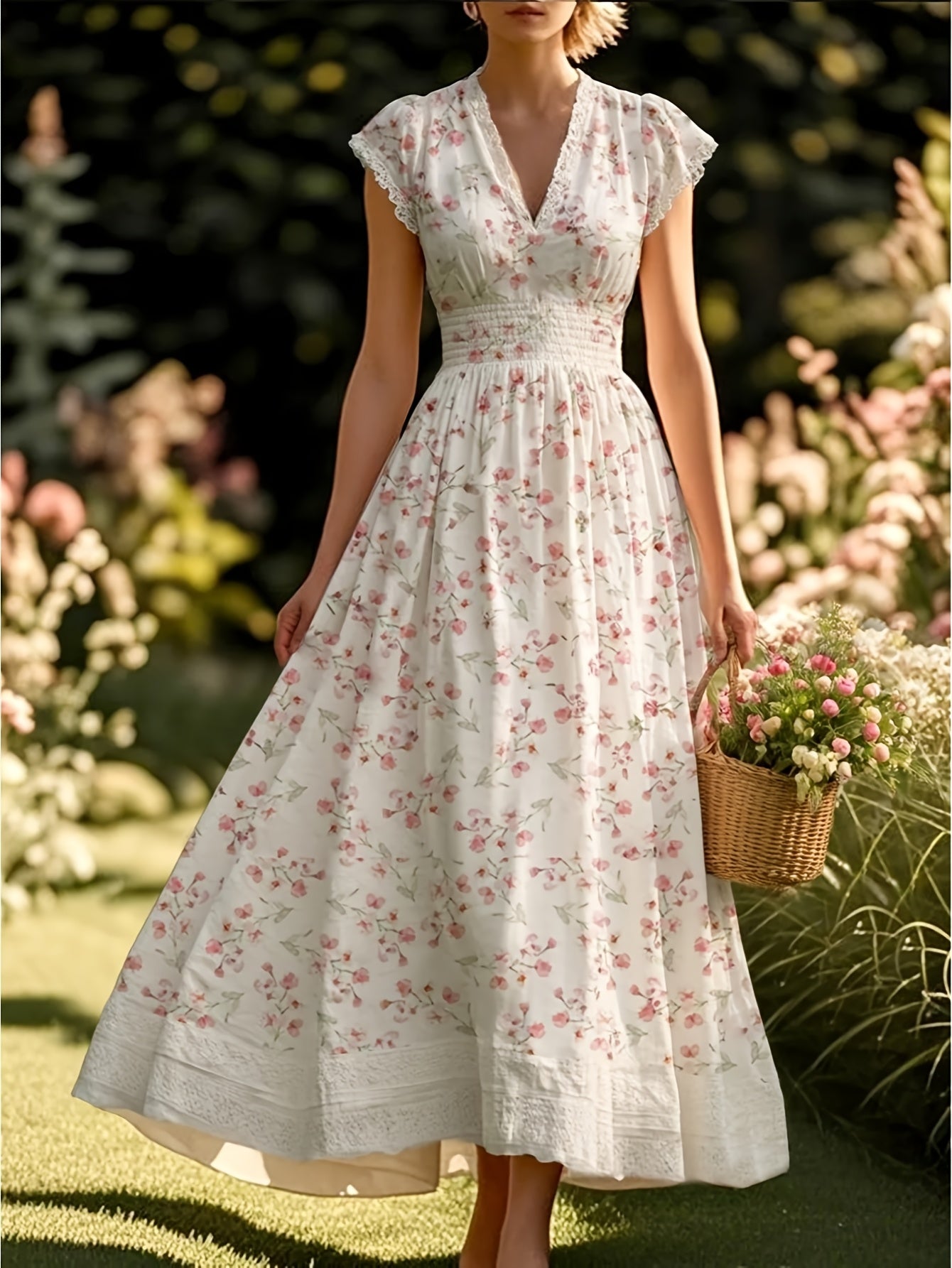 White V-Neck Lace-Trimmed Waist-Defining Midi Dress with Pink Floral Print | Women's Style Elegant, Fresh, Rustic, and Delicate Perfect for Spring/Summer Outdoor Picnics & Casual Social Gatherings