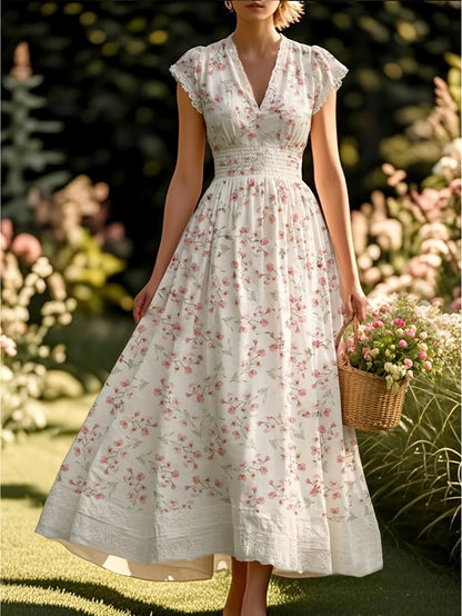 White V-Neck Lace-Trimmed Waist-Defining Midi Dress with Pink Floral Print | Women's Style Elegant, Fresh, Rustic, and Delicate Perfect for Spring/Summer Outdoor Picnics & Casual Social Gatherings